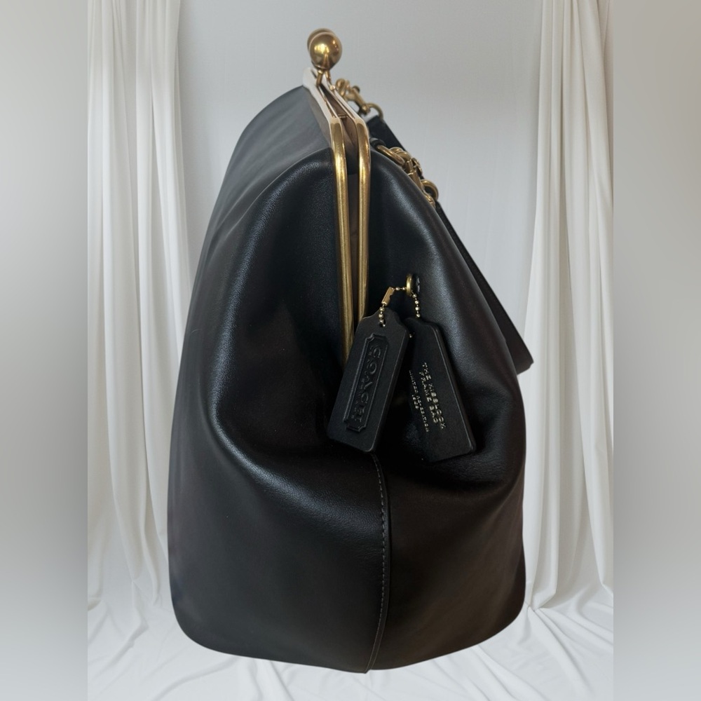 Coach Large Leather Kisslock Frame Bag Purse Black NEW Oversized Clutch - Picture 6 of 16